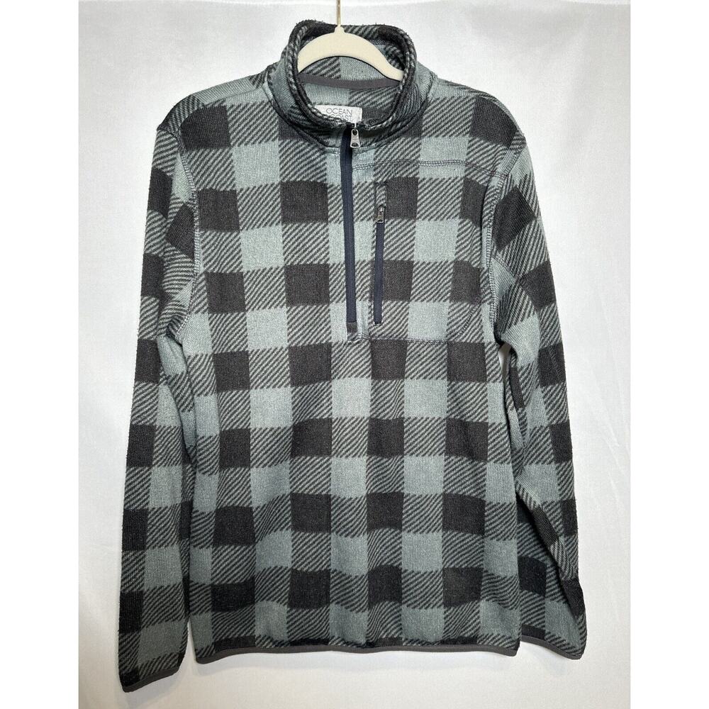 Ocean Coast Men's Medium Green Gray Black Plaid Quarter Zip Pullover Fleece